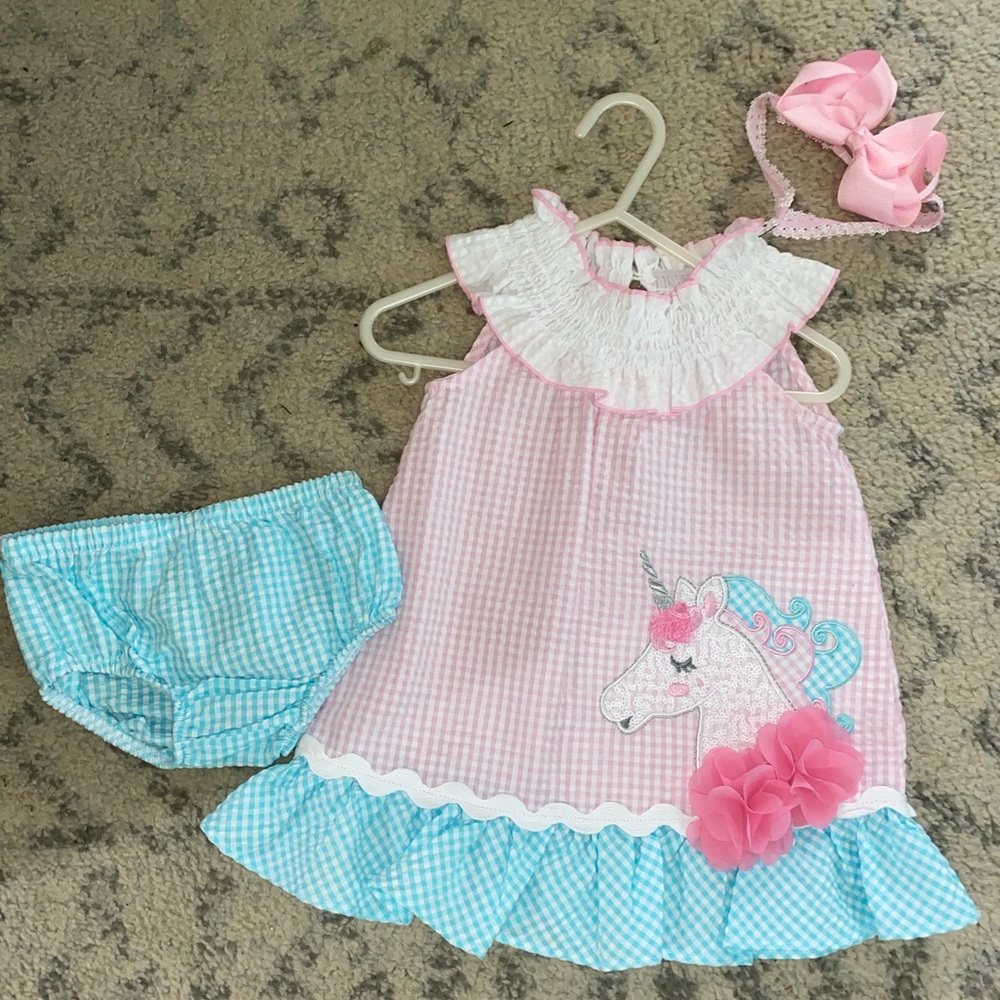 BONNIE BABY Seersucker Unicorn Dress & Headband!